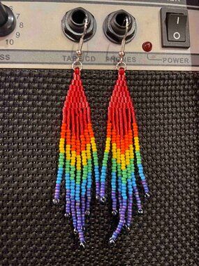 Pride rainbow red fringe bead earrings